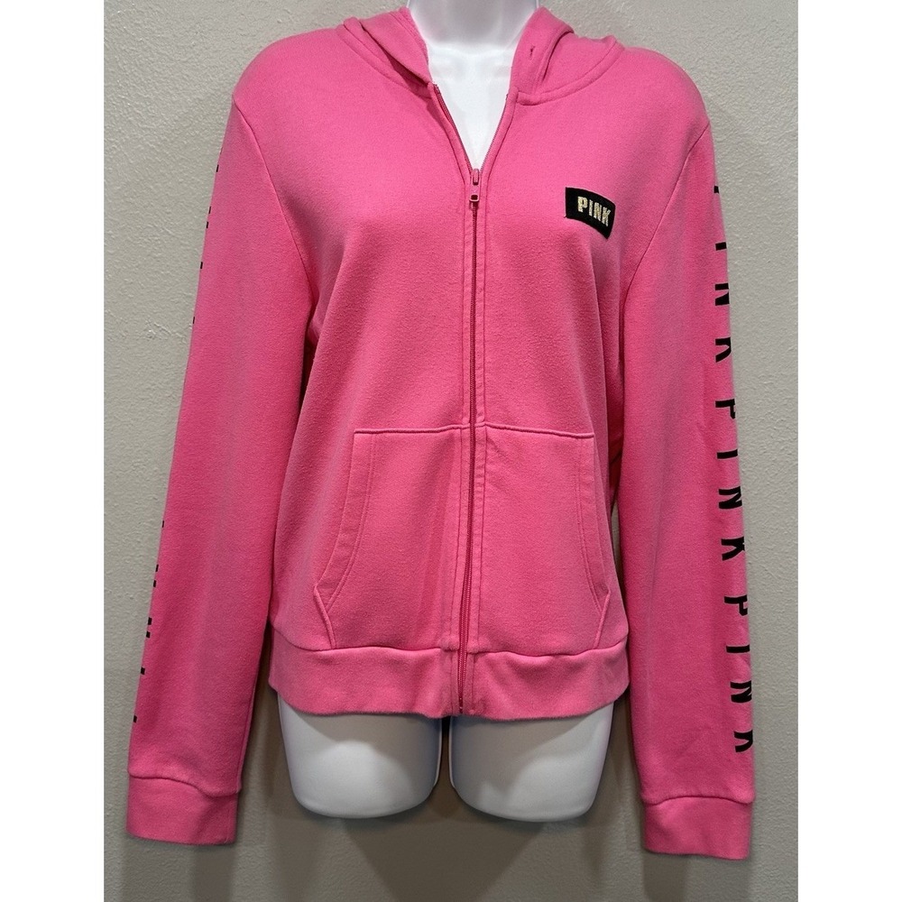 Victoria Secret Pink Sweater Women's Size Large Hot Pink Full Zip Hooded